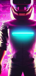 Futuristic neon-themed mobile wallpaper with a VR humanoid figure.