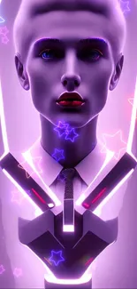 Futuristic neon art with purple and star effects on a cyber figure.