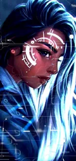 Futuristic neon art wallpaper with a woman and glowing blue accents.