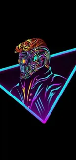 Futuristic neon artwork with a retro-futuristic character in a triangular design.