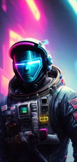 Neon-lit astronaut in a futuristic suit set against a cosmic backdrop.