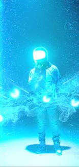 Futuristic astronaut in neon cyan light with ethereal smoke design.