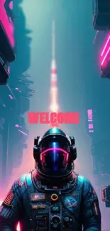 Futuristic neon astronaut with welcome text in cyberpunk style.