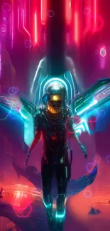 Neon-lit astronaut in a sci-fi world with vibrant colors and futuristic elements.