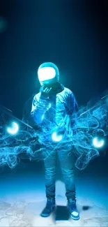 Neon-lit astronaut surrounded by glowing orbs on a blue background.