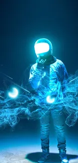 Neon astronaut with blue glowing energy waves in a dark setting.