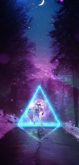 Astronaut in neon triangle with cosmic backdrop on mobile wallpaper.