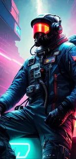 Neon-lit astronaut in futuristic space.