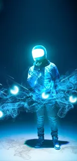 Futuristic neon astronaut amidst glowing blue light trails.