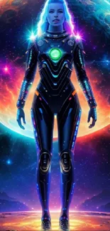 Futuristic astronaut in neon suit with cosmic background.