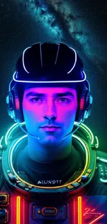 Futuristic astronaut in neon hues with a galactic starry background.