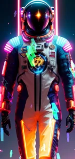 Futuristic neon-lit astronaut in vibrant sci-fi mobile wallpaper.