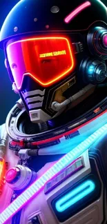 A futuristic astronaut in vibrant neon colors set against a dark background.