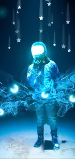 Futuristic neon-lit astronaut with stars in the background.