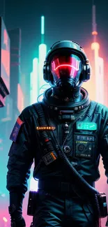 Futuristic astronaut in neon-lit cityscape wallpaper.