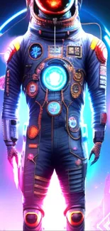 Futuristic neon astronaut against glowing cosmic background.