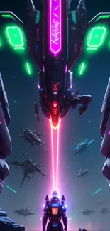 Futuristic neon battle scene with ships and armored figures in space.