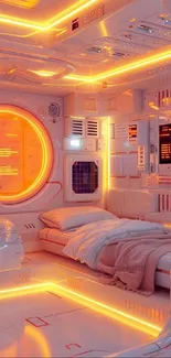 Futuristic neon-lit bedroom interior design wallpaper.