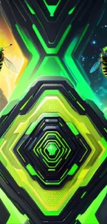 Futuristic neon green wallpaper with bee and geometric patterns.