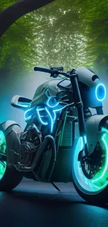 Futuristic neon motorcycle with glowing wheels and vibrant design.