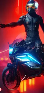 Neon-lit biker in a futuristic city setting, vibrant and tech-inspired design.