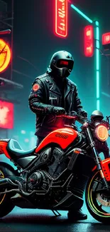 Futuristic urban biker in neon lights on a city street at night.