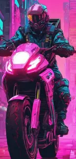 Neon-lit biker in cyberpunk cityscape.