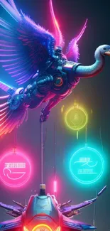 Futuristic neon bird with glowing symbols and sci-fi ship.