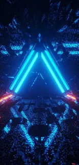 Futuristic neon blue triangle digital wallpaper with vibrant light effects.