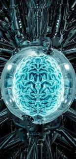 Futuristic wallpaper featuring a neon blue brain in a mechanical structure.