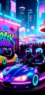 Futuristic neon bumper cars in vibrant cityscape.