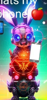 Futuristic neon bunny artwork with phone and text.