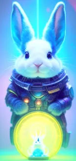 Futuristic neon bunny holding a glowing orb.