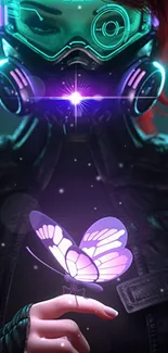 Futuristic figure wearing neon goggles with glowing butterfly.