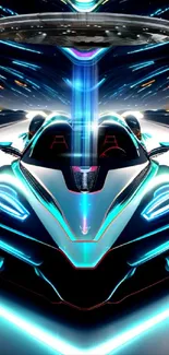 Futuristic car with neon lights and UFO hovering above in a lively design.