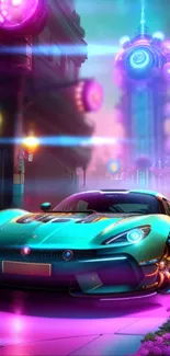 Futuristic neon sports car in a vibrant cityscape at night.