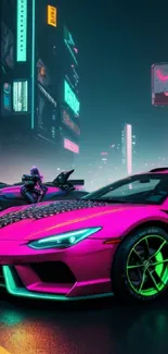 Vibrant neon car in a cyberpunk cityscape at night.