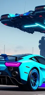 Futuristic neon car and spaceship in sci-fi setting with vibrant colors.