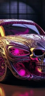 Futuristic neon car with skull design, purple hues.