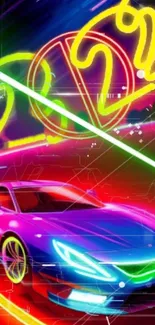 Vibrant neon car in cyberpunk style with vivid colors and dynamic design.