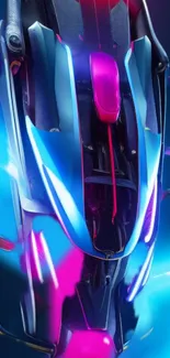 Futuristic neon car design in vibrant blue, pink, and black hues.