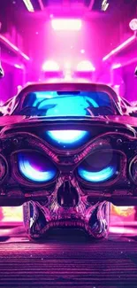 Futuristic neon car with robotic skull design.