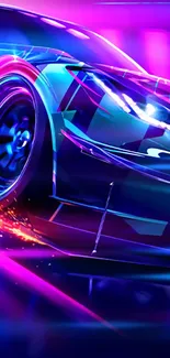 Futuristic neon sports car in purple and blue tones.