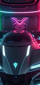 Futuristic neon car in a vibrant, illuminated setting.
