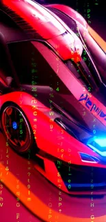 Futuristic car with neon lights and digital effects.