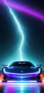 Sleek futuristic car with neon lights and dramatic lightning on a dark backdrop.