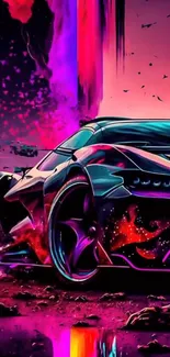 Futuristic neon car with vibrant colors at night.