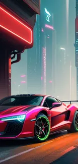 Futuristic neon-lit car in urban cityscape at night.