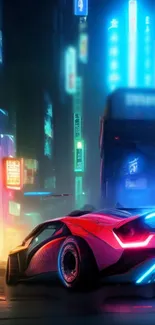 Futuristic car in neon-lit city street scene.