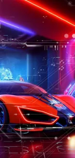 Futuristic neon car with vibrant red and blue lighting in a digital setting.